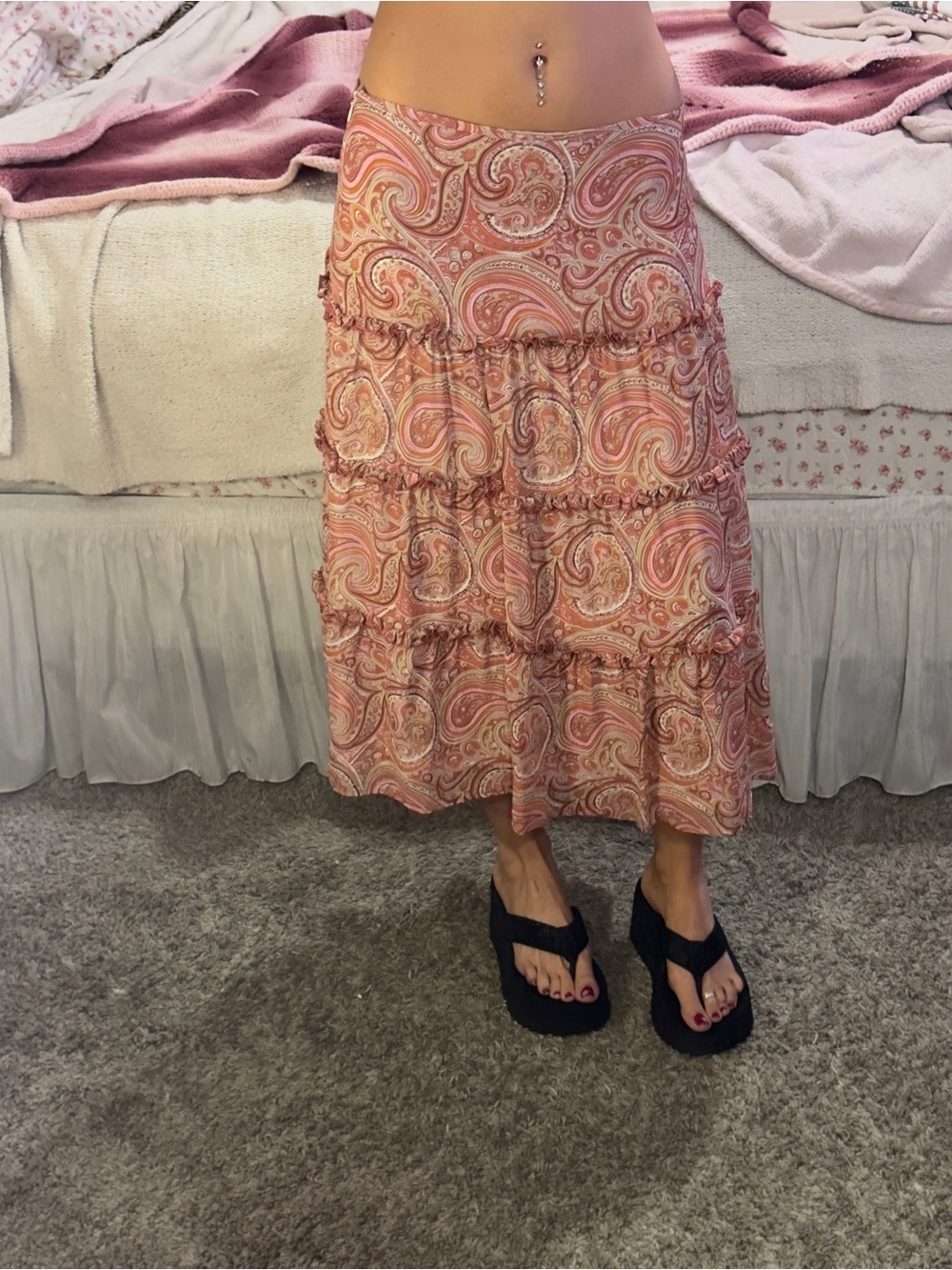 Y2K Tiered Paisley Midi Skirt in Peach Pink